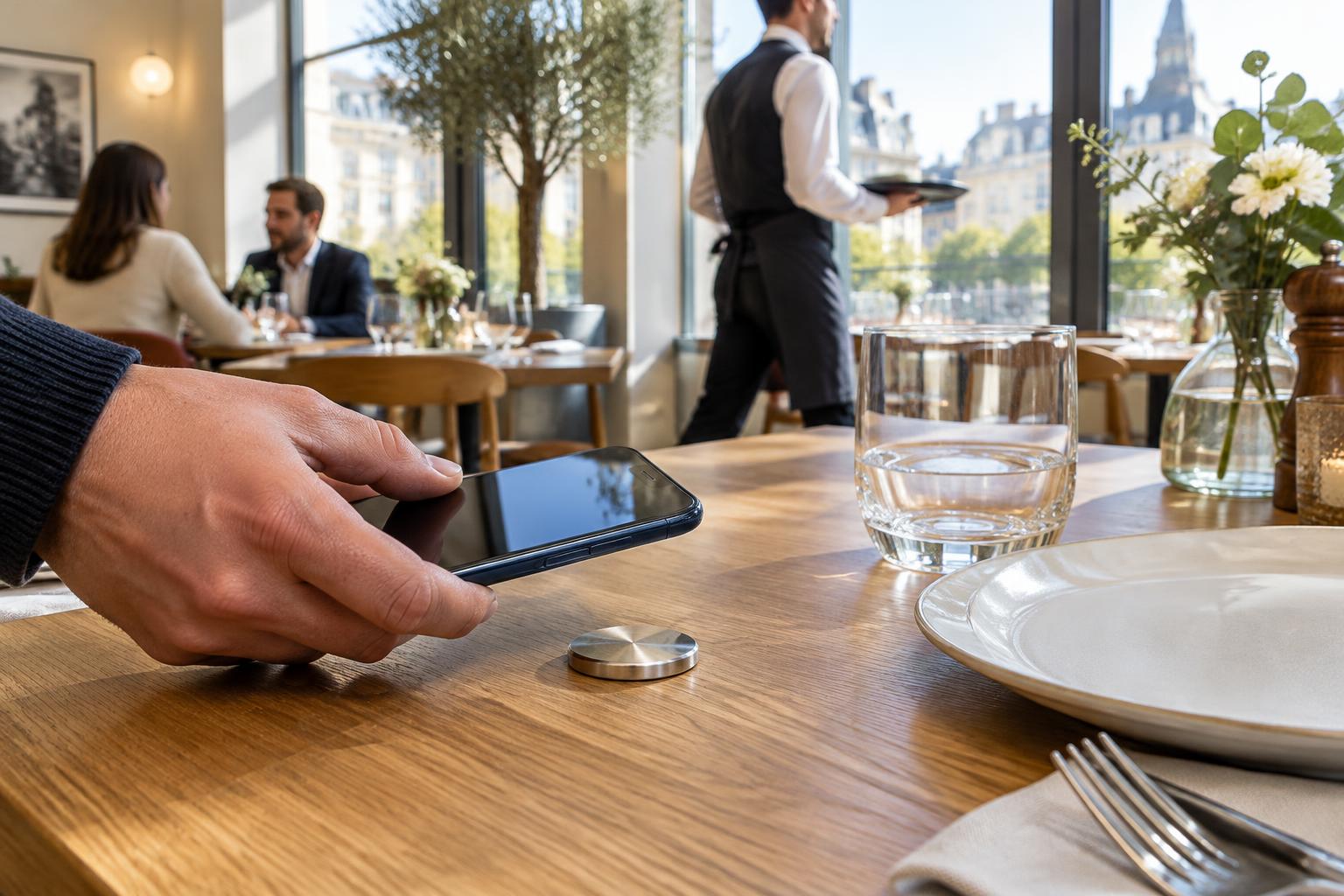 Un client approche son téléphone d’une puce NFC sur une table